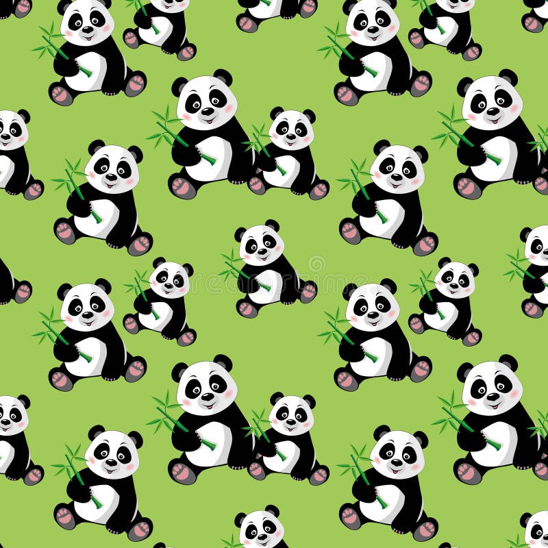Seamless pattern with sitting cute panda and bambo stock illustration