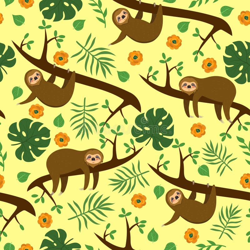 Seamless pattern with sloths in the jungle. Vector graphics