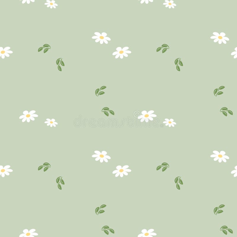 Seamless pattern, small white daisies and leaves on a green background. Print, vector