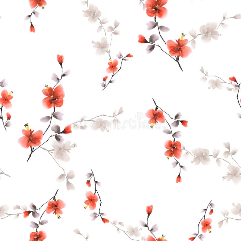 Seamless pattern small wild branch with red and beige flowers on a white background. Watercolor