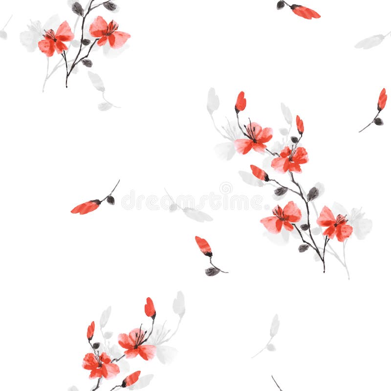 Seamless pattern small wild red and gray cherry plum flowers on the white background. Watercolor  1