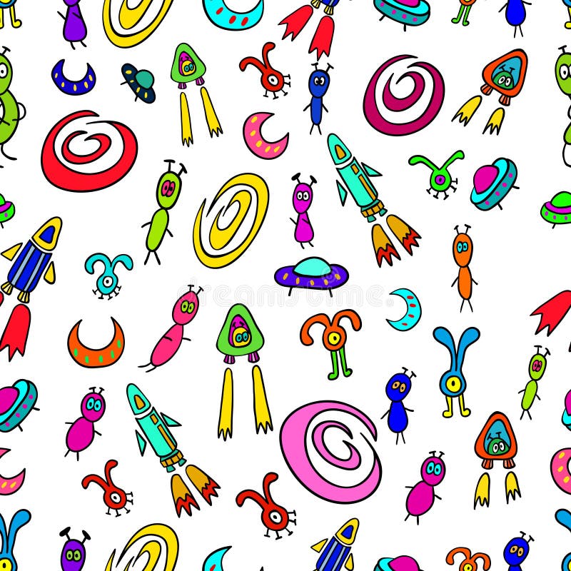 Seamless pattern with space aliens and flying rockets, spacecraft, and galaxies stock illustration