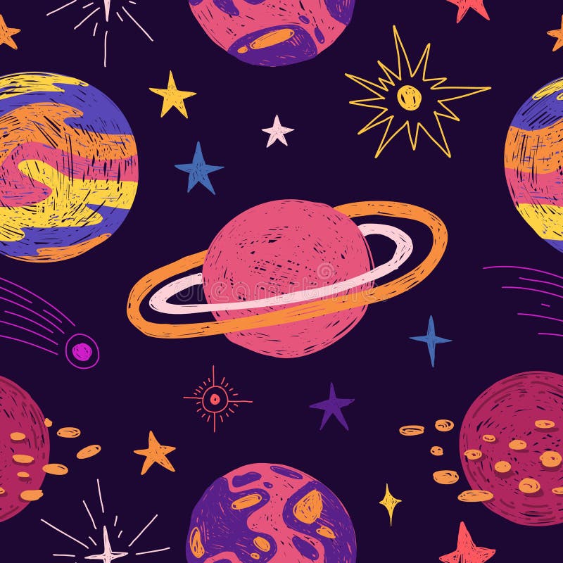 Seamless Pattern with Space Elements. Cartoon Style Wallpaper with Planets  and Cosmic Star Stock Vector - Illustration of pattern, cartoon: 152993946