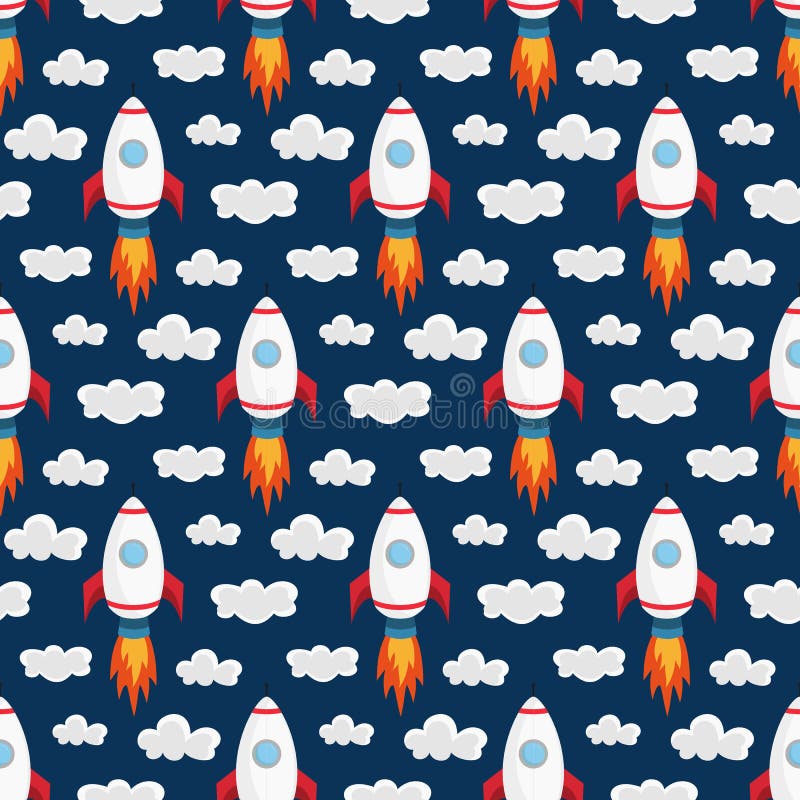 Seamless pattern with space rockets on the blue background.