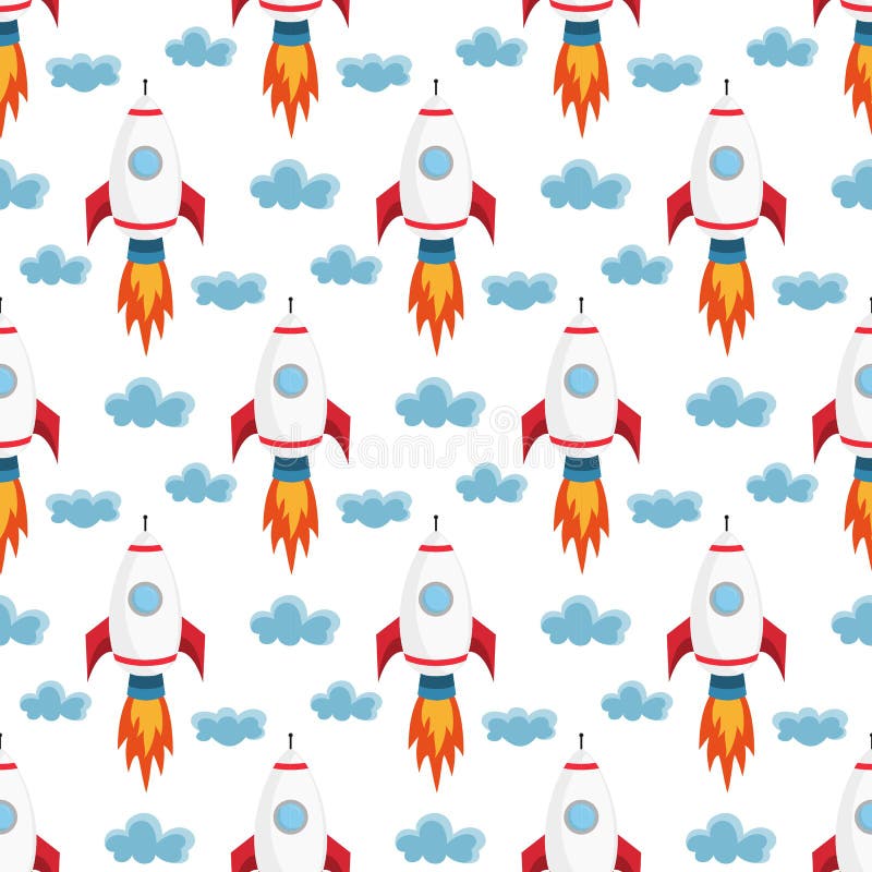 Seamless pattern with space rockets on the white background.