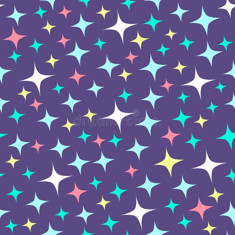 Seamless pattern with sparkles on purple background. Cartoon shine background. royalty free illustration