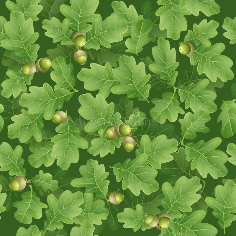 Seamless Pattern of Spring Green Oak Leaves with Green Acorns Stock
