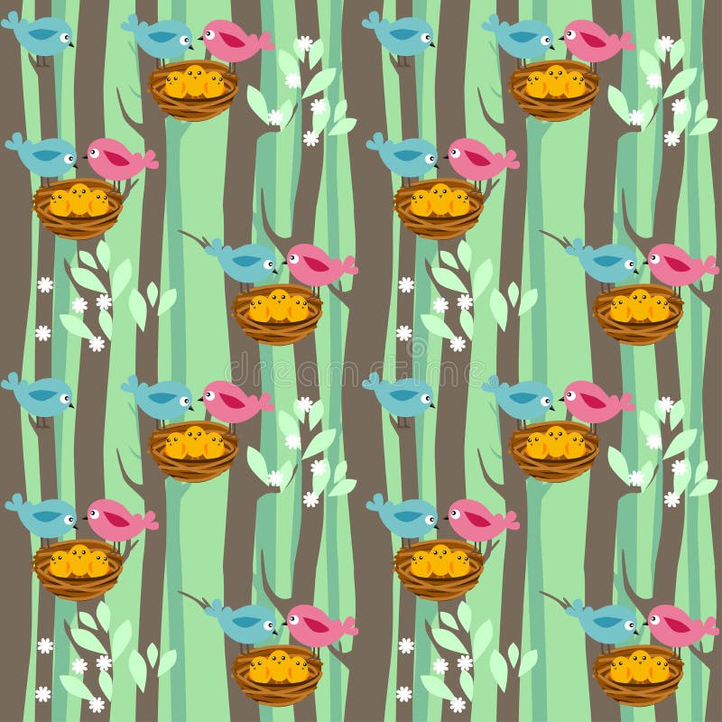 Seamless pattern with spring trees and birds