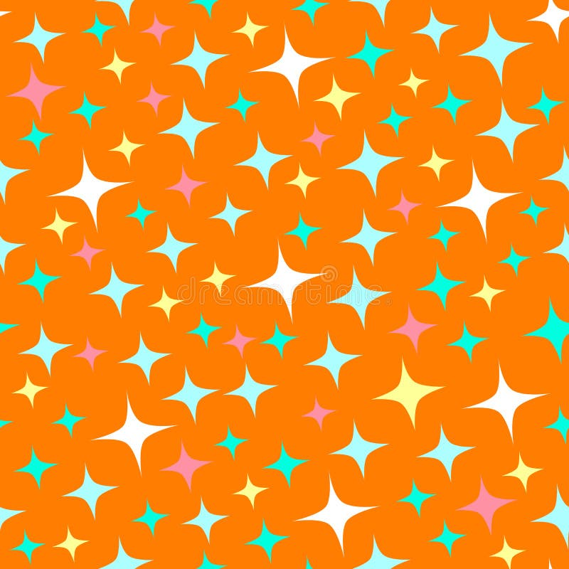 Seamless pattern with starlight sparkles, twinkling stars. Shining orange background. Abstract luster, chic backdrop. Cartoon vector illustration