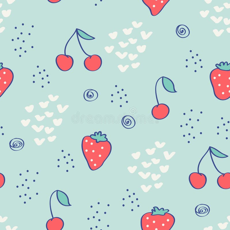 Seamless pattern with strawberries, cherries and hand drawn elements