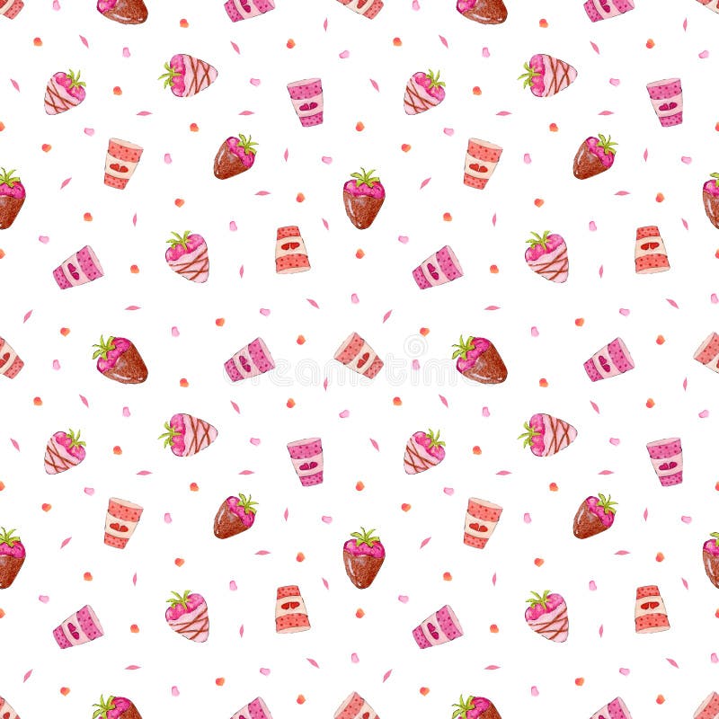 Seamless pattern with strawberries in chocolate and a pink glass for coffee with hearts. Design for Valentines Day menu