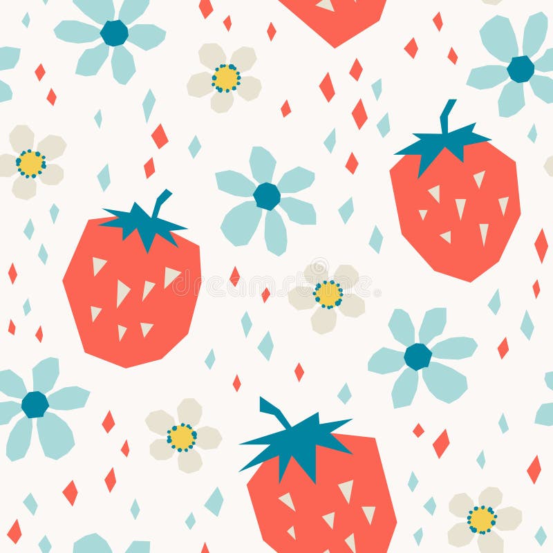 Seamless pattern with strawberries and flowers