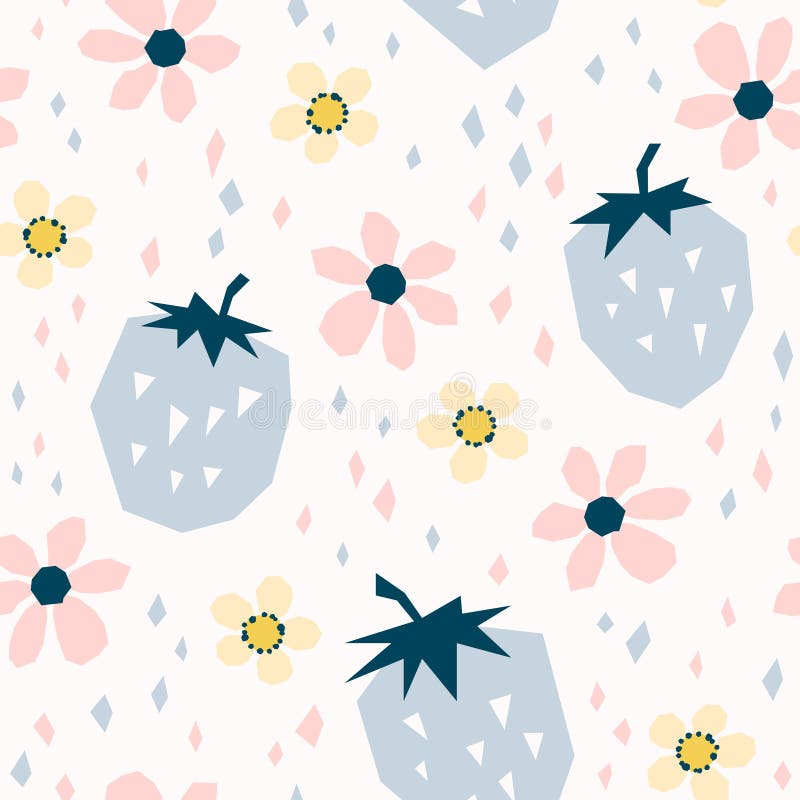 Seamless pattern with strawberries and flowers