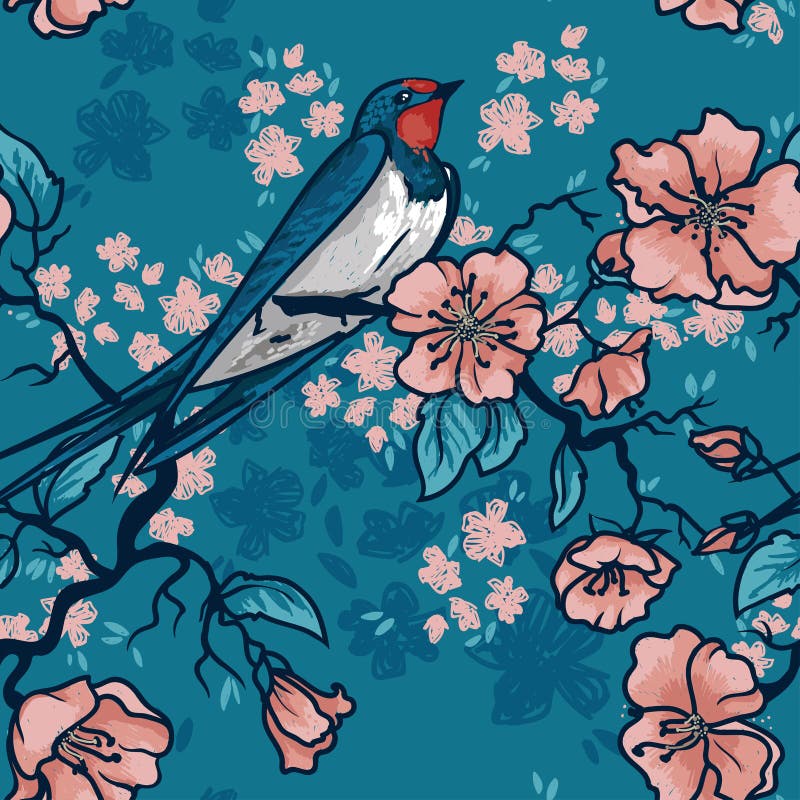 Seamless pattern with swallow sitting on blooming tree branches stock illustration
