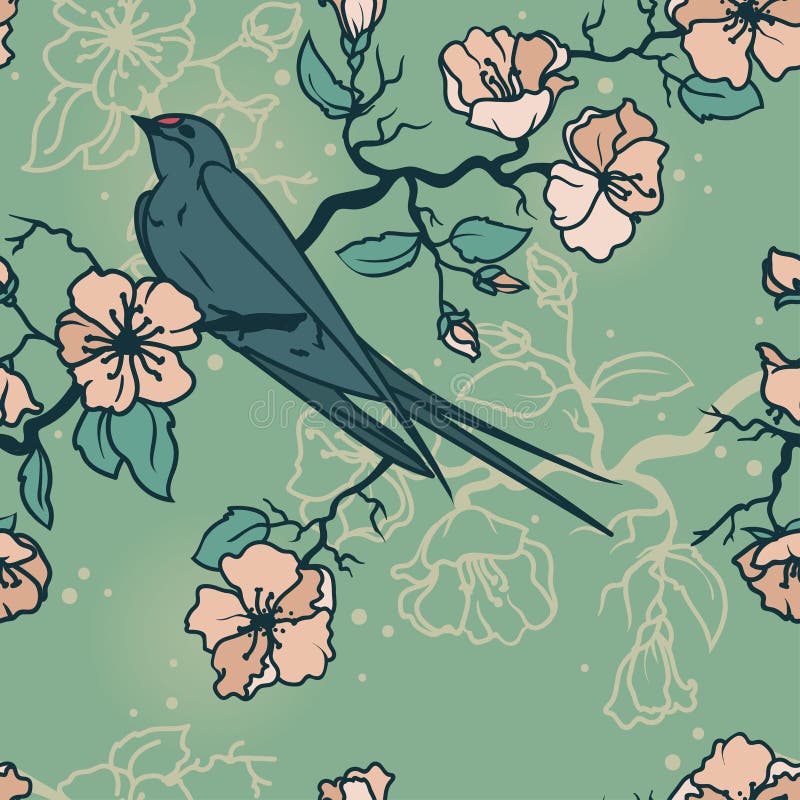 Seamless pattern with swallow sitting on blooming tree branches vector illustration