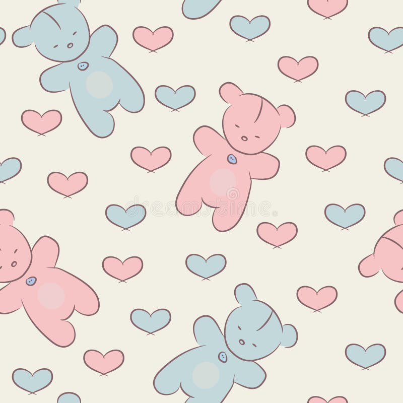 Seamless pattern with teddy bears and hearts.