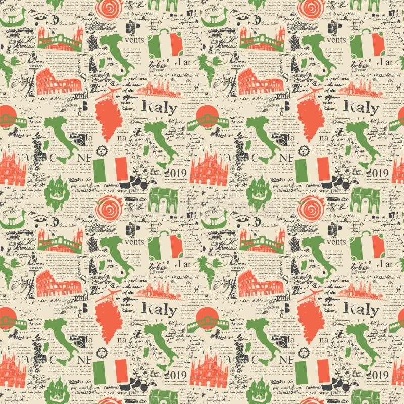 Vector abstract seamless pattern on the theme of Italy with Italian symbols, architectural landmarks and a map in the colors of the Italian flag on the background of handwriting text in retro style. Vector abstract seamless pattern vectors