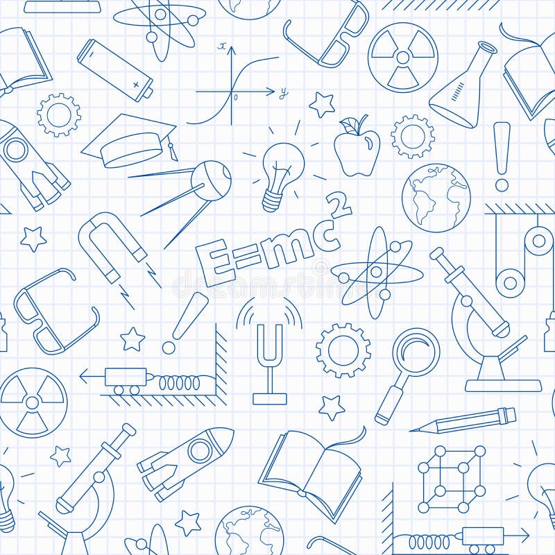 Seamless illustration on the theme of the subject of physics education, blue contour icons on the clean writing-book sheet in a