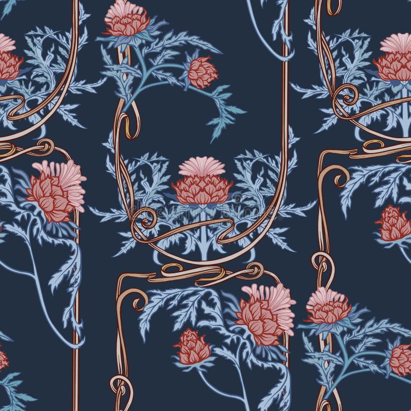 Seamless pattern with thistle flower, background in n art nouveau style, vintage, old, retro style.n