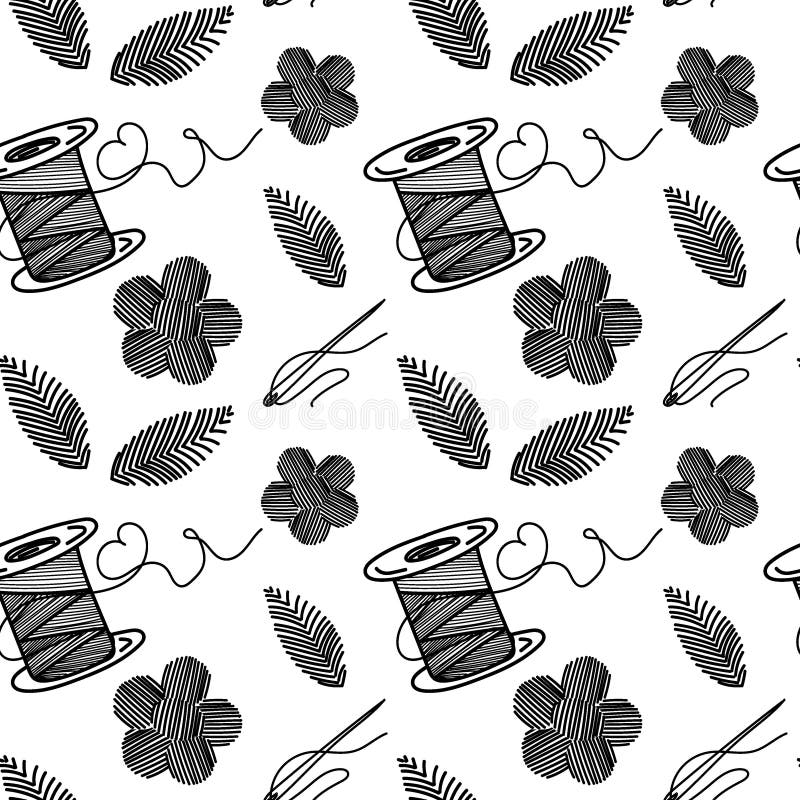 Seamless Pattern of Thread, Needles, and Embroidery, Handdrawn Doodle