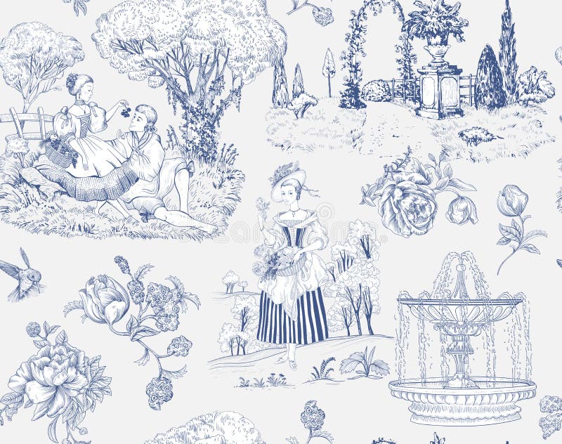 seamless pattern Toile de Jouy. French provence wallpaper. Digital paper provence style.