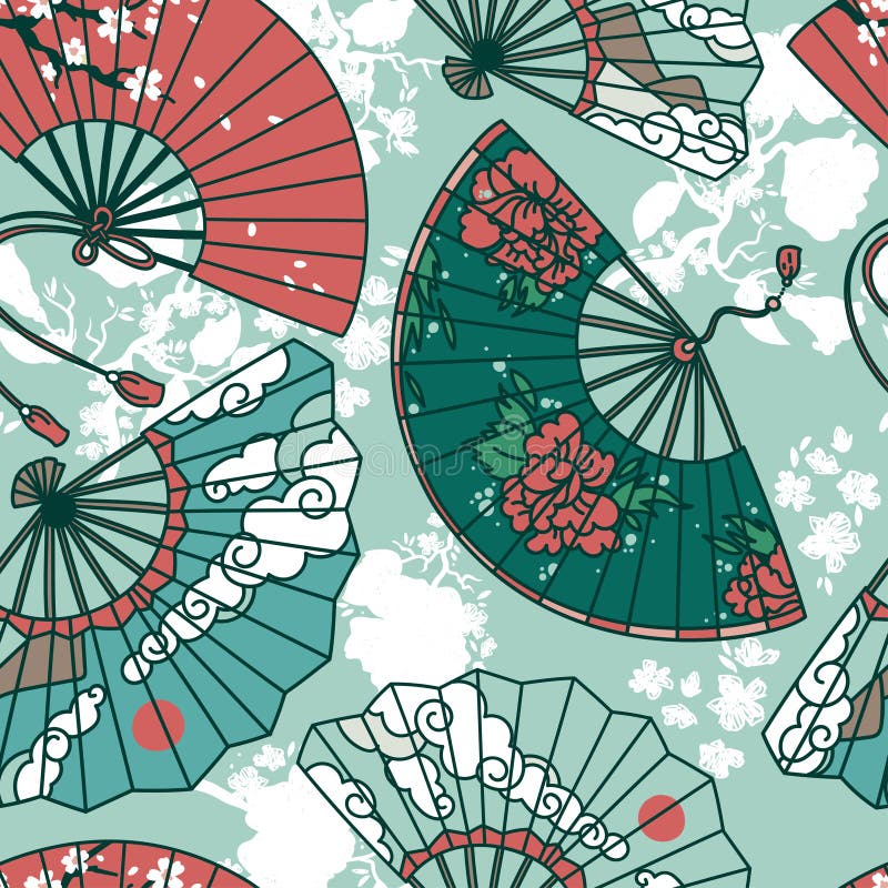 Seamless pattern with traditional asian hand paper fans