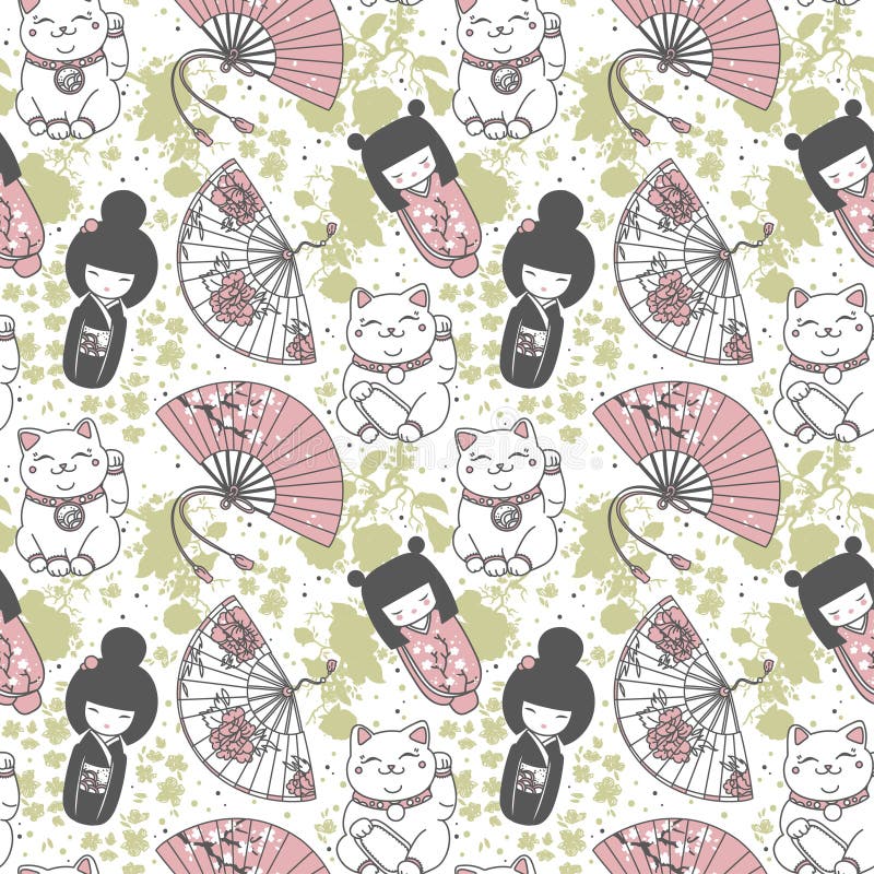 Seamless pattern with traditional asian souvenirs^ hand paper fans, kokeshi dolls, maneki neko and sakura flowers