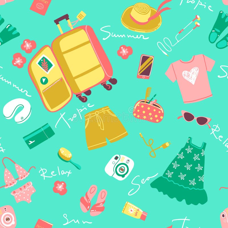 Seamless Pattern with Travel Things. Packing a Suitcase for a Vacation