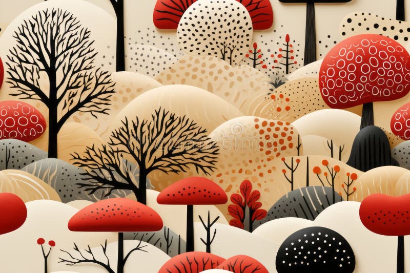 Seamless pattern with trees and mushrooms in red black and white vector illustration