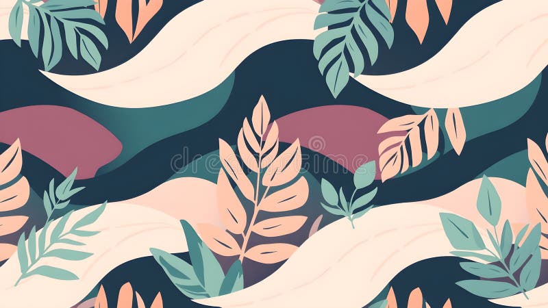 Seamless pattern with tropical leaves and waves. Vector illustration. royalty free stock photo