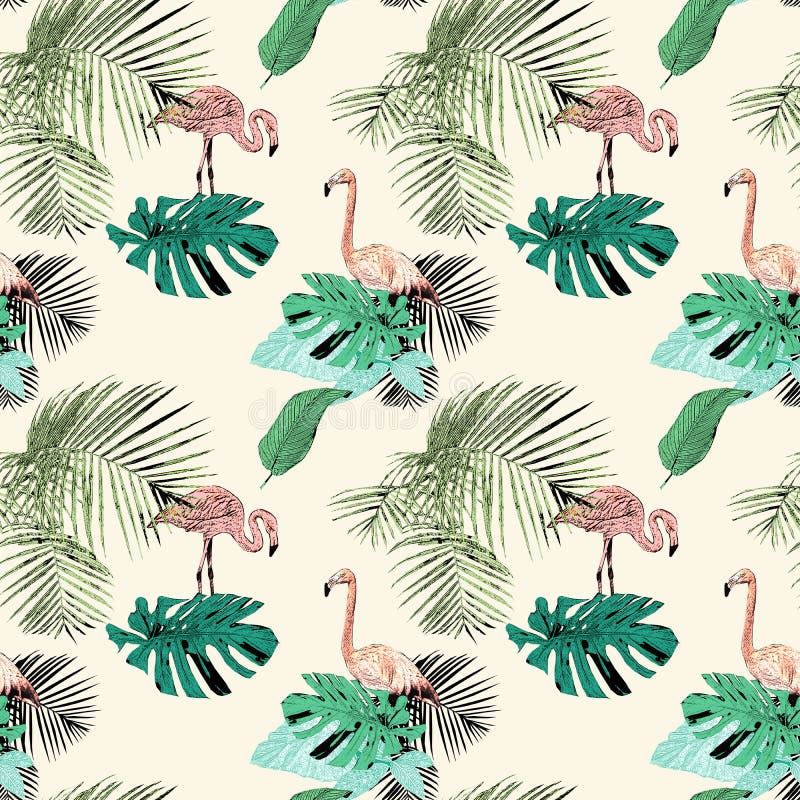 Seamless pattern with tropical palms and flamingo, vintage, grunge background. Perfect for print on fabric, wrapping paper etc. stock illustration Seamless pattern with tropical palms and flamingo, vintage, grunge background. Perfect for print on fabric, wrapping paper etc. stock illustration