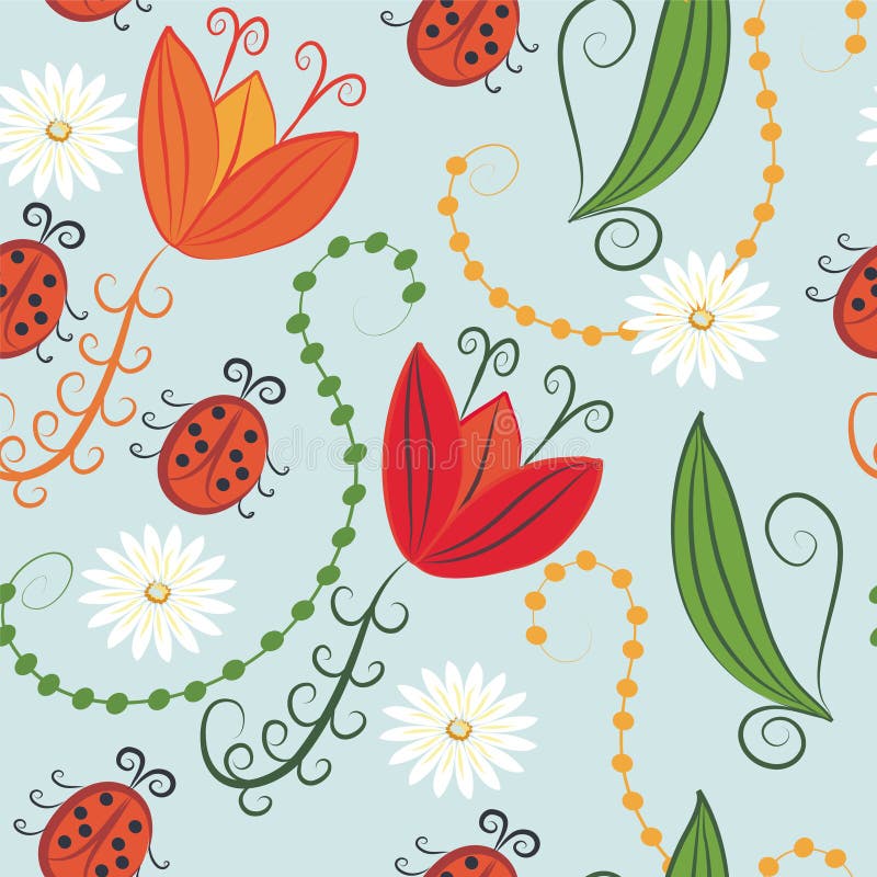 Seamless pattern with tulips and ladybirds