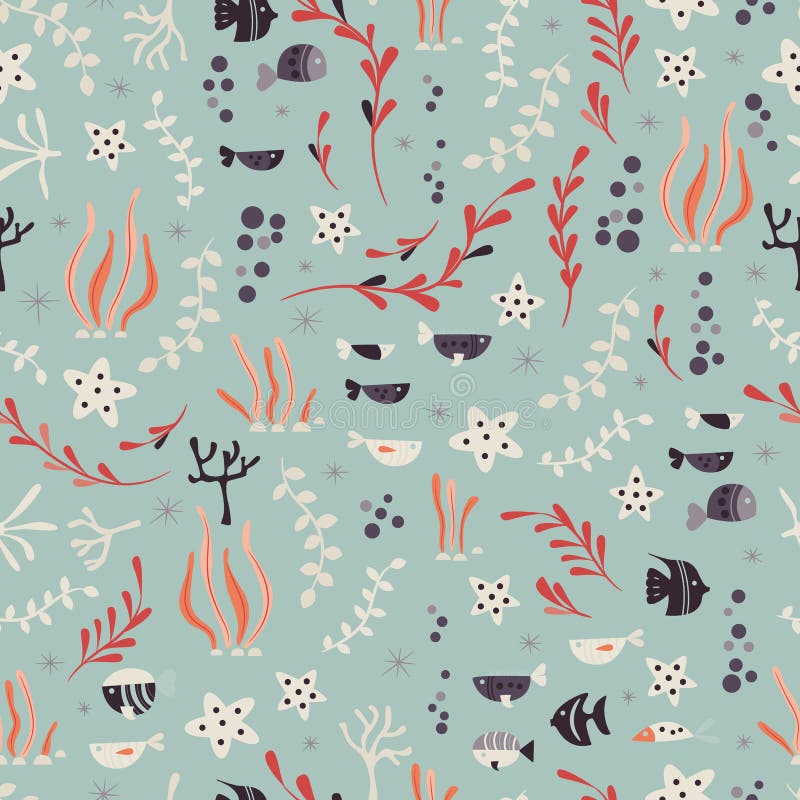 Seamless pattern with underwater ocean animals, cute fish and plants