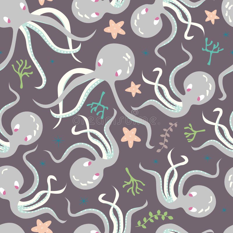 Seamless pattern with underwater ocean animals, cute octopus and starfish