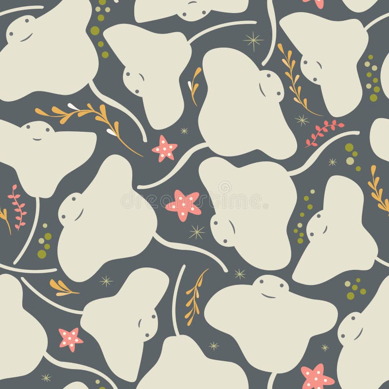 Seamless pattern with underwater ocean animals, cute stingray and starfish