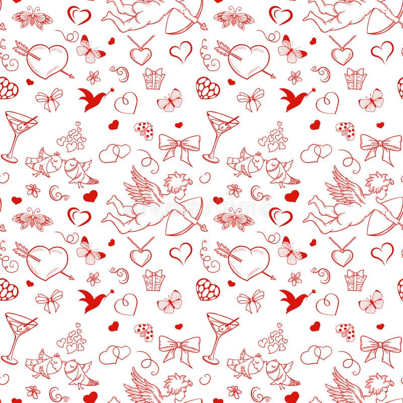 Seamless pattern for valentine s day with cupid, coattail, bow