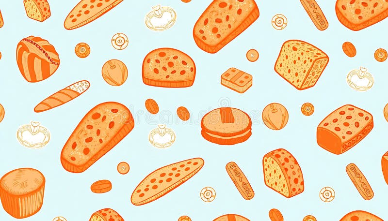 Seamless pattern of various baked goods, bread and pastry doodle design, Stock Photo, Generative AI stock illustration