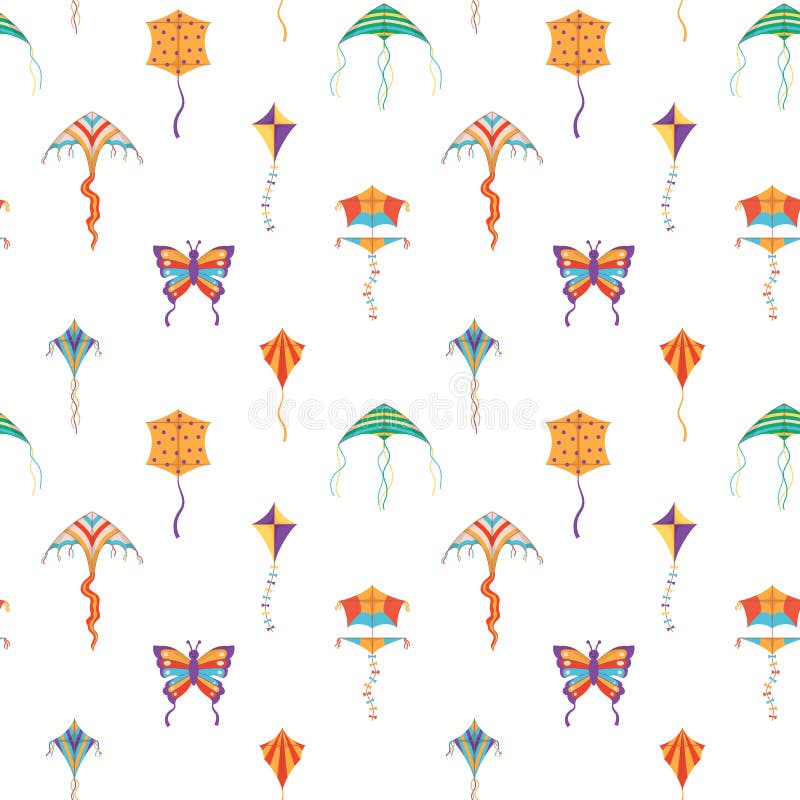 Seamless Pattern with Various Kites Flat Style, Vector Illustration