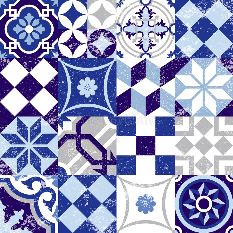 Vintage patchwork seamless pattern background with traditional blue tile decoration, classic mosaic style. EPS10 vector. Vintage patchwork seamless pattern background with traditional blue tile decoration, classic mosaic style. EPS10 vector.