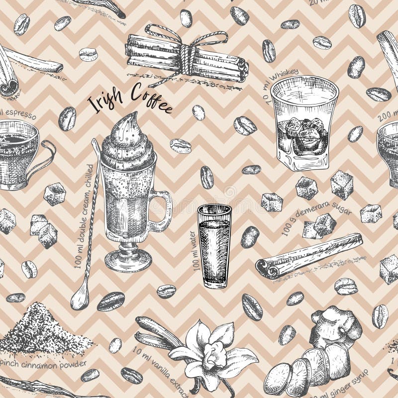 Seamless pattern Vintage hand drawn sketch design bar, restaurant, cafe menu background. Graphic vector art. Irish