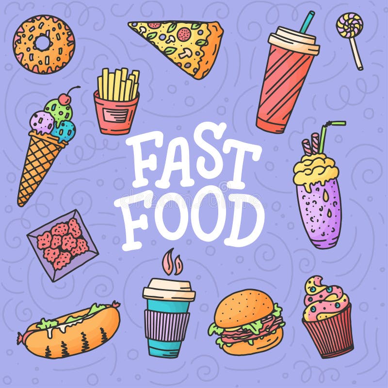 Seamless pattern. Vintage illustration with fast food doodle elements and lettering on background for concept design vector illustration Seamless pattern. Vintage illustration with fast food doodle elements and lettering on background for concept design vector illustration