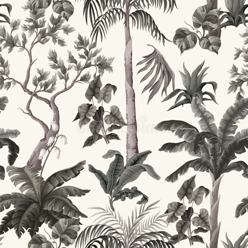 Seamless pattern with vintage trees and palms, plants. Vector. vector illustration
