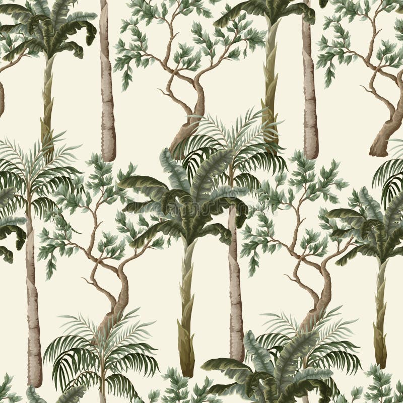 Seamless pattern with vintage trees and palms, plants. Vector. stock illustration