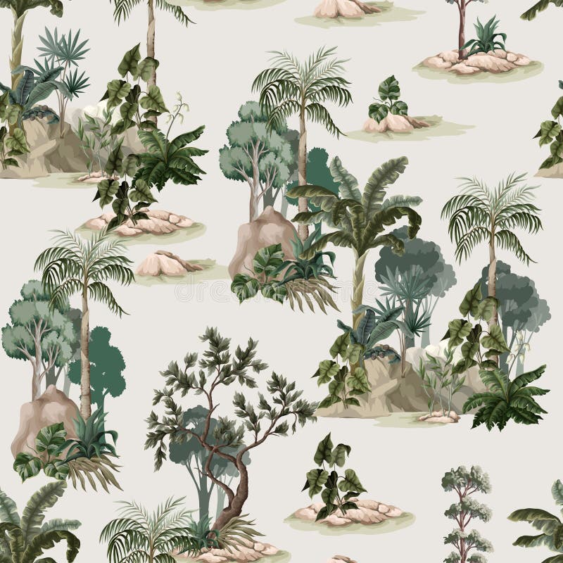 Seamless pattern with vintage trees and palms, plants. Vector. royalty free illustration