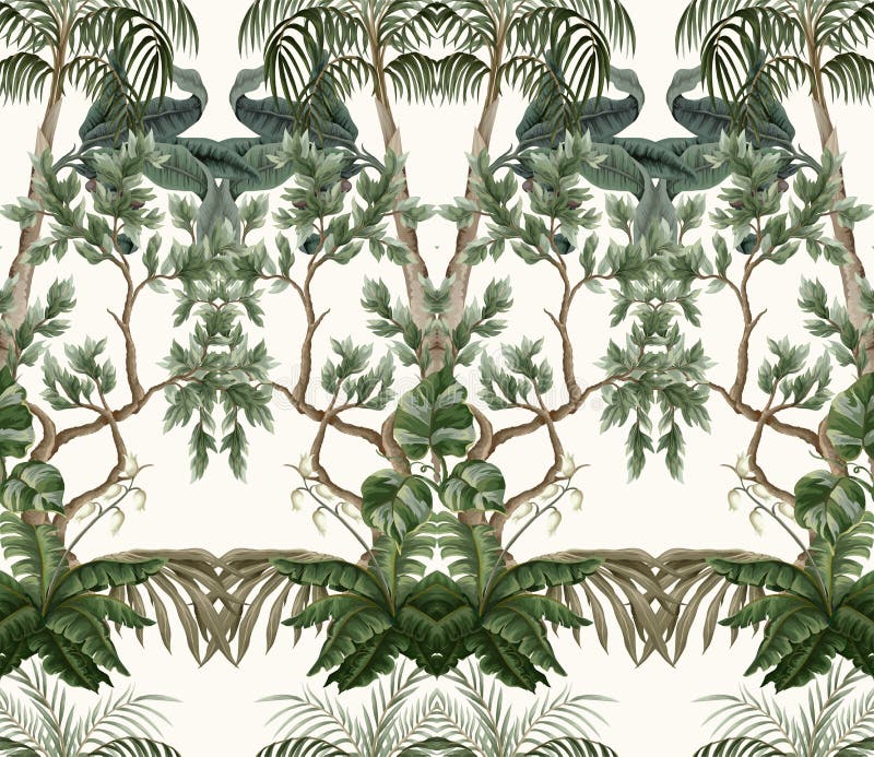 Seamless pattern with vintage trees and palms, plants. Vector. royalty free illustration