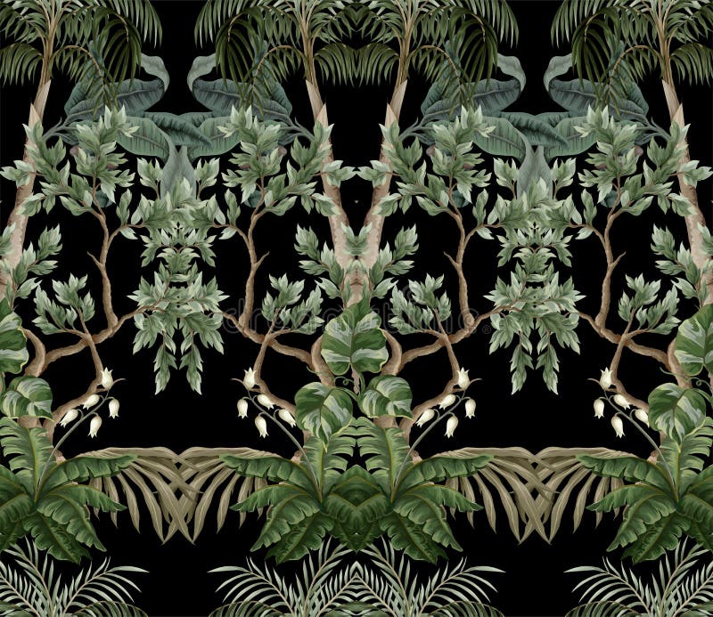 Seamless pattern with vintage trees and palms, plants. Vector. stock illustration