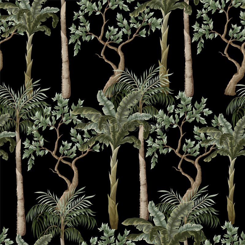 Seamless pattern with vintage trees and palms, plants. Vector. vector illustration