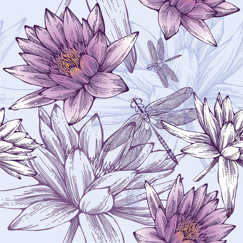 Seamless pattern with water lilies and dragonflies