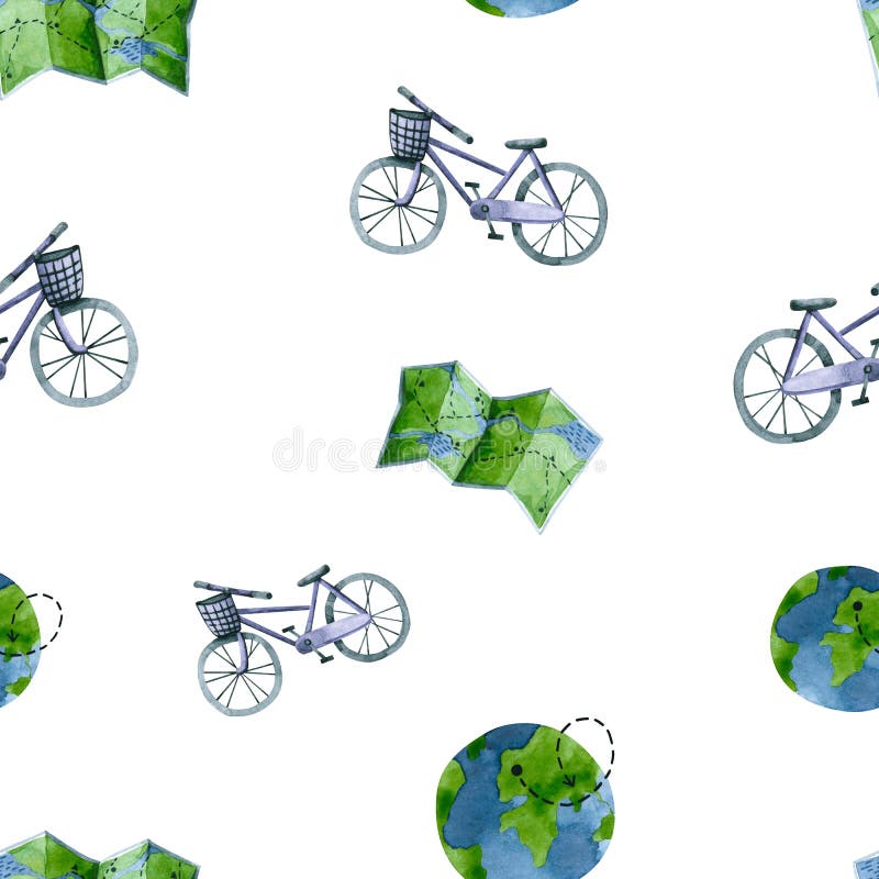 Seamless pattern with watercolor bicycle, map, world. Hand painted trendy illustration isolated on white