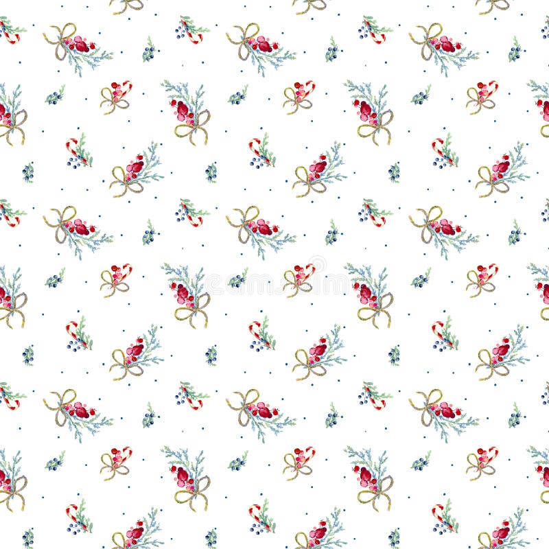 Holiday background for invitation cards, postcards,wrapping paper, printing on textiles, other design. Coniferous branches, gingerbread cookies and candy, branches with berries and bow, cone, bullfinch. Seamless bow stock images, royalty-free photos and pictures